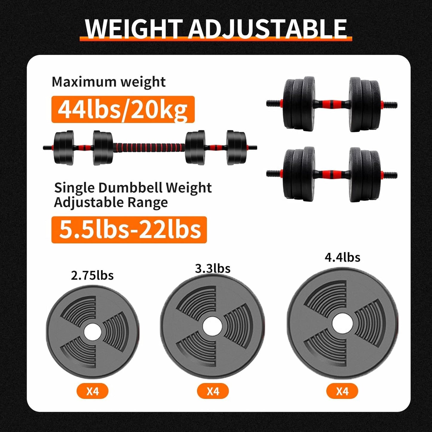 5–44 lbs Adjustable Dumbbell to Barbell Set – Anti-Slip Grip & Compact Home Gym Strength Training Equipment