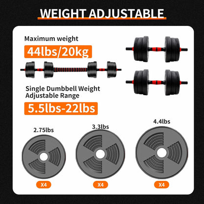 5–44 lbs Adjustable Dumbbell to Barbell Set – Anti-Slip Grip & Compact Home Gym Strength Training Equipment