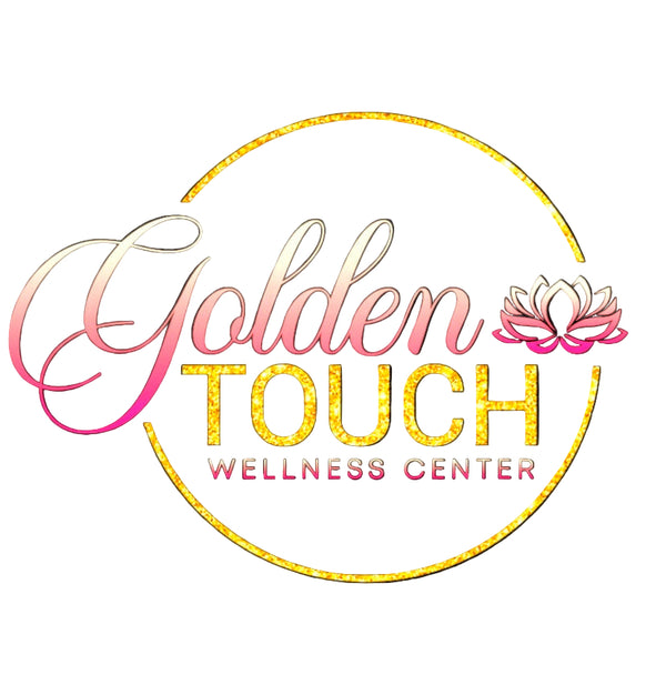 Logo of Golden Touch Wellness Center with a pink lotus flower on a black background