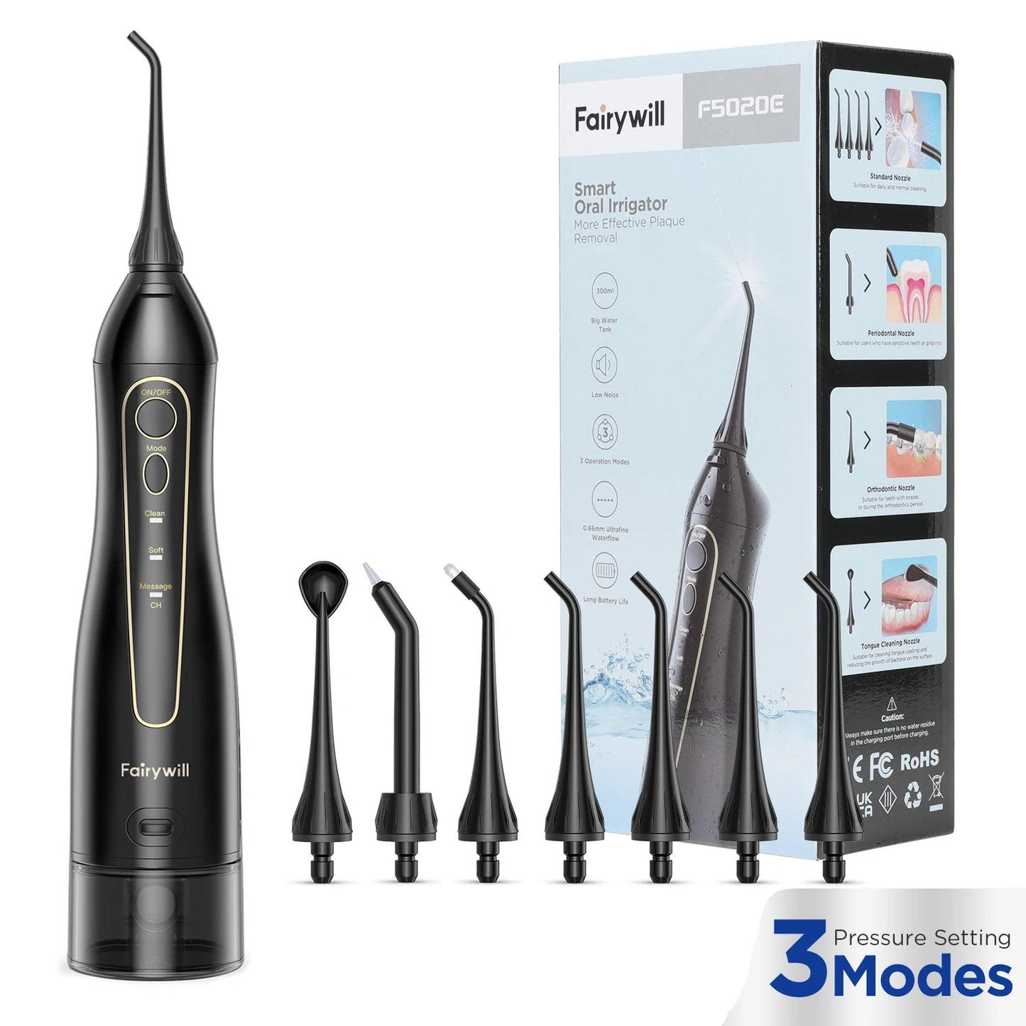 Fairywill dental water flosser with packaging and nozzles on a white background