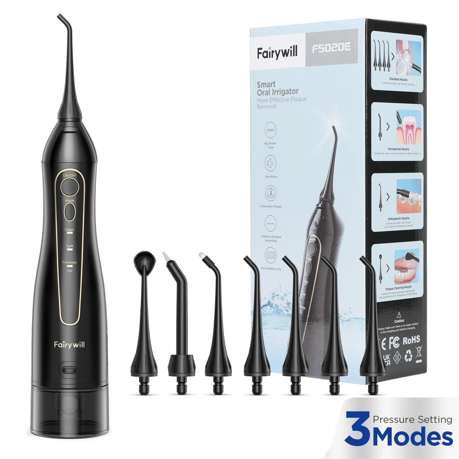 Fairywill dental water flosser with packaging and nozzles on a white background