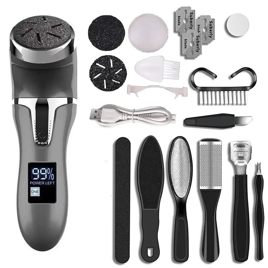Rechargeable Electric Foot File Callus Remover – Professional Pedicure Machine with 3 Heads & 2 Speeds