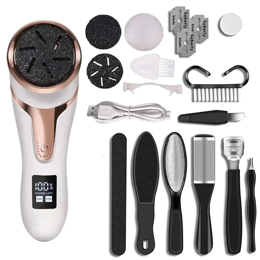 Rechargeable Electric Foot File Callus Remover – Professional Pedicure Machine with 3 Heads & 2 Speeds