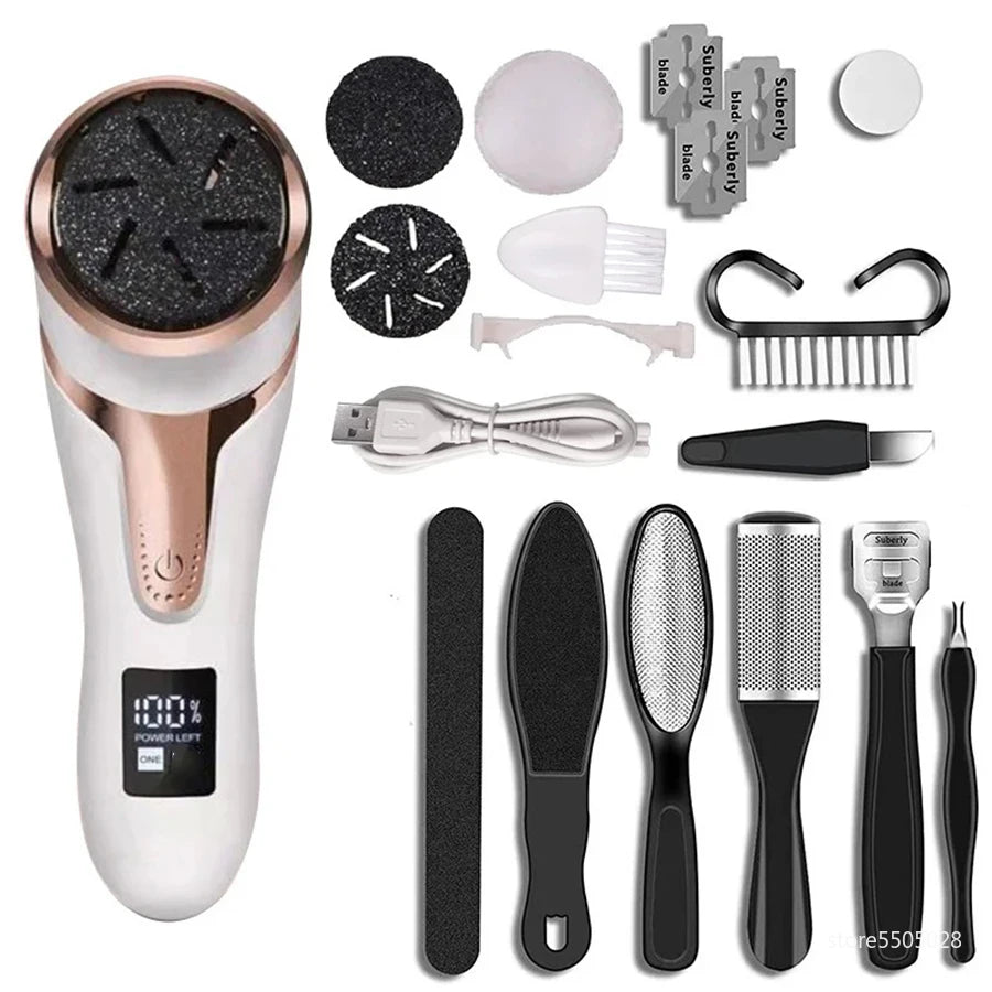 Rechargeable Electric Foot File Callus Remover – Professional Pedicure Machine with 3 Heads & 2 Speeds