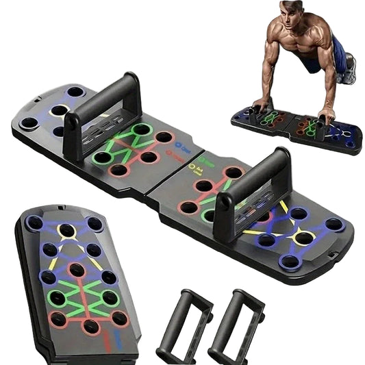 Multi-function push-up board with accessories and user manual on a white background