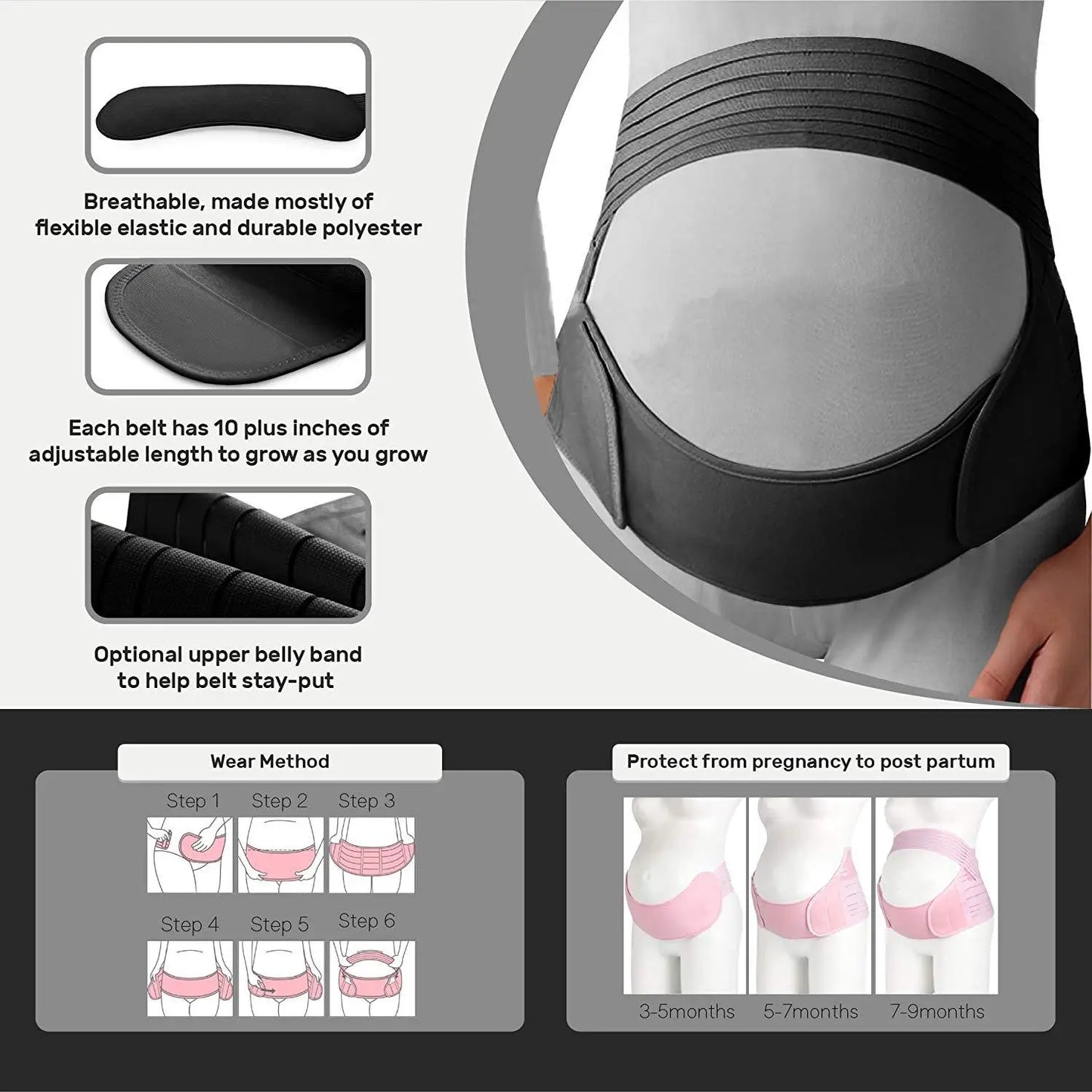 Maternity Belt 3-in-1 Pregnancy Support Band | Belly, Back, Pelvic & Hip Pain Relief Brace | Adjustable Prenatal Belly Support for Pregnant Women